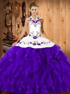 Purple Ball Gowns Halter Top Sleeveless Satin and Organza Floor Length Lace Up Embroidery and Ruffles 15th Birthday Dres