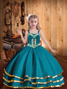 Ball Gowns Little Girls Pageant Dress Wholesale Teal Straps Organza Sleeveless Floor Length Lace Up