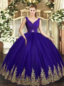 V-neck Sleeveless Sweet 16 Dress Floor Length Beading and Appliques Purple Tulle