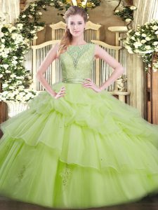 Yellow Green Backless Ball Gown Prom Dress Beading and Ruffled Layers Sleeveless Floor Length