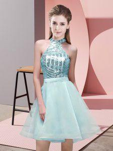 Aqua Blue A-line Halter Top Sleeveless Chiffon Mini Length Backless Sequins Bridesmaid Gown