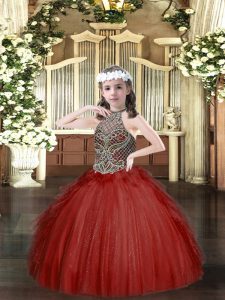 Wine Red Ball Gowns Beading and Ruffles Little Girls Pageant Dress Wholesale Lace Up Tulle Sleeveless Floor Length