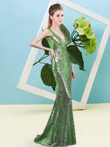 Latest Floor Length Green Prom Dress Sequined Sleeveless Sequins