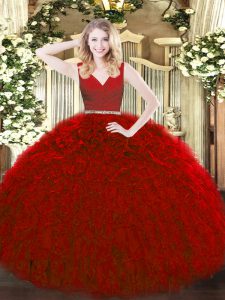 On Sale V-neck Sleeveless Quinceanera Gown Floor Length Beading and Ruffles Red Tulle