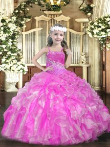Beautiful Straps Sleeveless Little Girls Pageant Dress Wholesale Floor Length Beading and Ruffles and Sequins Rose Pink 