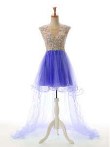 Trendy Sleeveless Tulle High Low Backless Prom Evening Gown in Blue with Appliques