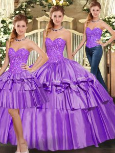 Organza Sweetheart Sleeveless Lace Up Beading and Ruffled Layers Quinceanera Gowns in Eggplant Purple
