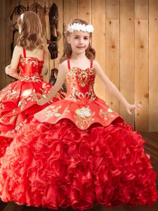Wine Red Ball Gowns Embroidery and Ruffles Little Girls Pageant Dress Wholesale Lace Up Satin and Organza Sleeveless
