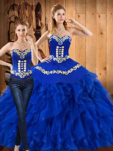 New Arrival Blue Ball Gowns Embroidery and Ruffles Quinceanera Dresses Lace Up Satin and Organza Sleeveless Floor Length