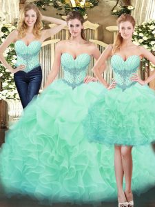 Apple Green Three Pieces Sweetheart Sleeveless Organza Floor Length Lace Up Beading and Ruffles Quinceanera Gowns