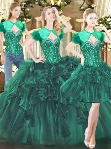Modern Tulle Sweetheart Sleeveless Lace Up Beading and Ruffles Sweet 16 Quinceanera Dress in Dark Green
