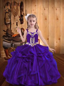 Purple Organza Lace Up Straps Sleeveless Floor Length Pageant Gowns For Girls Embroidery and Ruffles