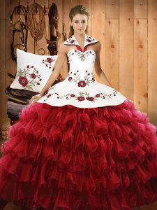 Designer Floor Length Wine Red Quinceanera Dresses Organza Sleeveless Embroidery and Ruffled Layers