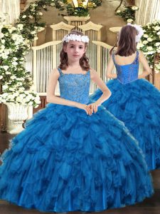 Inexpensive Floor Length Blue Glitz Pageant Dress Straps Sleeveless Lace Up