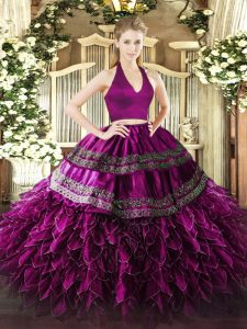 Fuchsia Two Pieces Halter Top Sleeveless Organza Floor Length Zipper Appliques and Ruffles Sweet 16 Dresses