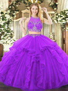 Two Pieces Quinceanera Gowns Purple Scoop Tulle Sleeveless Floor Length Zipper