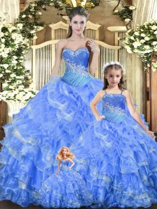Unique Baby Blue Sleeveless Beading and Ruffles and Ruching Floor Length Quinceanera Gowns