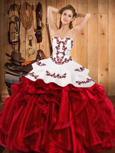Fancy Wine Red Sleeveless Floor Length Embroidery and Ruffles Lace Up Quinceanera Dresses