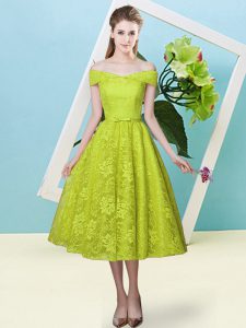 Olive Green Cap Sleeves Bowknot Tea Length Dama Dress