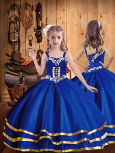 Royal Blue Lace Up Straps Embroidery and Ruffled Layers Pageant Dress Organza Sleeveless