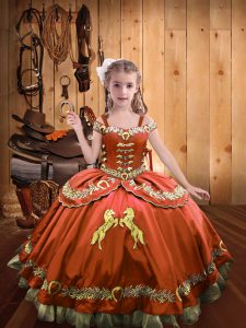 Satin Off The Shoulder Sleeveless Lace Up Beading and Embroidery Little Girl Pageant Gowns in Rust Red