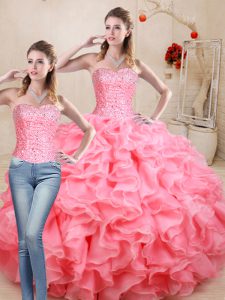 Custom Designed Floor Length Lace Up Sweet 16 Quinceanera Dress Watermelon Red for Sweet 16 and Quinceanera with Beading