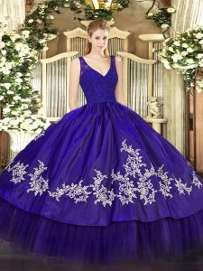 High End Purple Ball Gowns V-neck Sleeveless Taffeta Floor Length Zipper Beading and Appliques Vestidos de Quinceanera