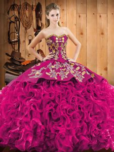 Colorful Fuchsia Sleeveless Fabric With Rolling Flowers Court Train Lace Up Quince Ball Gowns for Military Ball and Swee