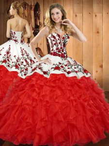 Chic Satin and Organza Sleeveless Floor Length Quince Ball Gowns and Embroidery and Ruffles