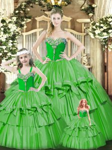 Exceptional Green Organza Lace Up Ball Gown Prom Dress Sleeveless Floor Length Beading and Ruffled Layers