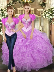 Glorious Floor Length Lace Up Quinceanera Dress Lilac for Military Ball and Sweet 16 and Quinceanera with Beading and Ru