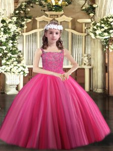 Hot Pink Sleeveless Floor Length Beading Lace Up Little Girls Pageant Dress Wholesale