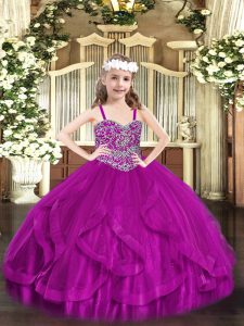 Floor Length Lace Up Little Girl Pageant Dress Fuchsia for Party and Quinceanera with Beading and Ruffles