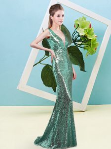 V-neck Sleeveless Celebrity Evening Dresses Floor Length Sequins Turquoise Sequined
