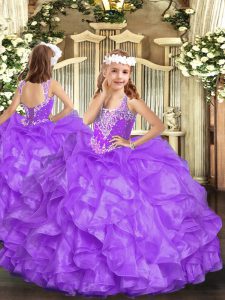 Graceful Lavender V-neck Neckline Beading and Ruffles Pageant Dress Wholesale Sleeveless Lace Up