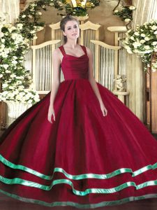 Delicate Wine Red Organza Zipper Straps Sleeveless Floor Length 15 Quinceanera Dress Ruffled Layers and Ruching