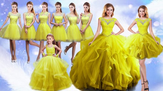 Extravagant Yellow Sleeveless Floor Length Beading and Ruffles Lace Up Quinceanera Gowns