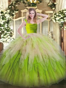 Noble Yellow Green Zipper Straps Lace and Ruffles Quinceanera Dresses Organza Sleeveless