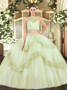 Yellow Green Two Pieces Beading and Appliques Sweet 16 Dresses Zipper Tulle Sleeveless Floor Length