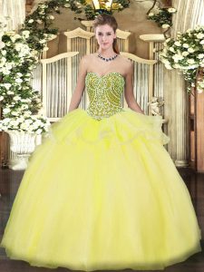 Dazzling Yellow Sleeveless Floor Length Beading and Ruffles Lace Up 15th Birthday Dress