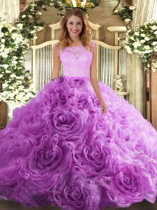 Sleeveless Fabric With Rolling Flowers Floor Length Zipper Quinceanera Dresses in Lilac with Lace