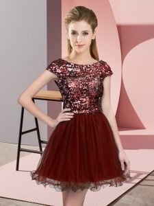 Colorful Tulle Scoop Cap Sleeves Zipper Sequins Bridesmaid Gown in Wine Red