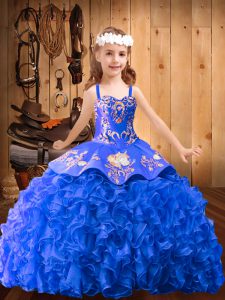 Blue Straps Lace Up Embroidery and Ruffles Pageant Dress Sweep Train Sleeveless