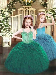 Perfect Floor Length Dark Green Pageant Gowns For Girls Organza Sleeveless Beading and Ruffles