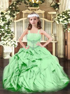 New Style Green Ball Gowns Beading and Ruffles Child Pageant Dress Lace Up Organza Sleeveless Floor Length