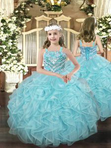 Hot Sale Light Blue Sleeveless Beading and Ruffles Floor Length Little Girls Pageant Dress