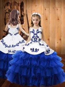 Embroidery and Ruffled Layers Kids Formal Wear Royal Blue Lace Up Sleeveless Floor Length