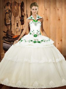 Fantastic White Sleeveless Floor Length Lace and Embroidery Lace Up 15 Quinceanera Dress