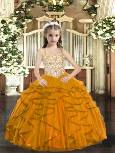 Sleeveless Tulle Floor Length Lace Up Winning Pageant Gowns in Orange with Beading and Ruffles