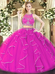 Fancy Fuchsia Ball Gowns Organza Scoop Sleeveless Ruffles Floor Length Zipper Sweet 16 Quinceanera Dress